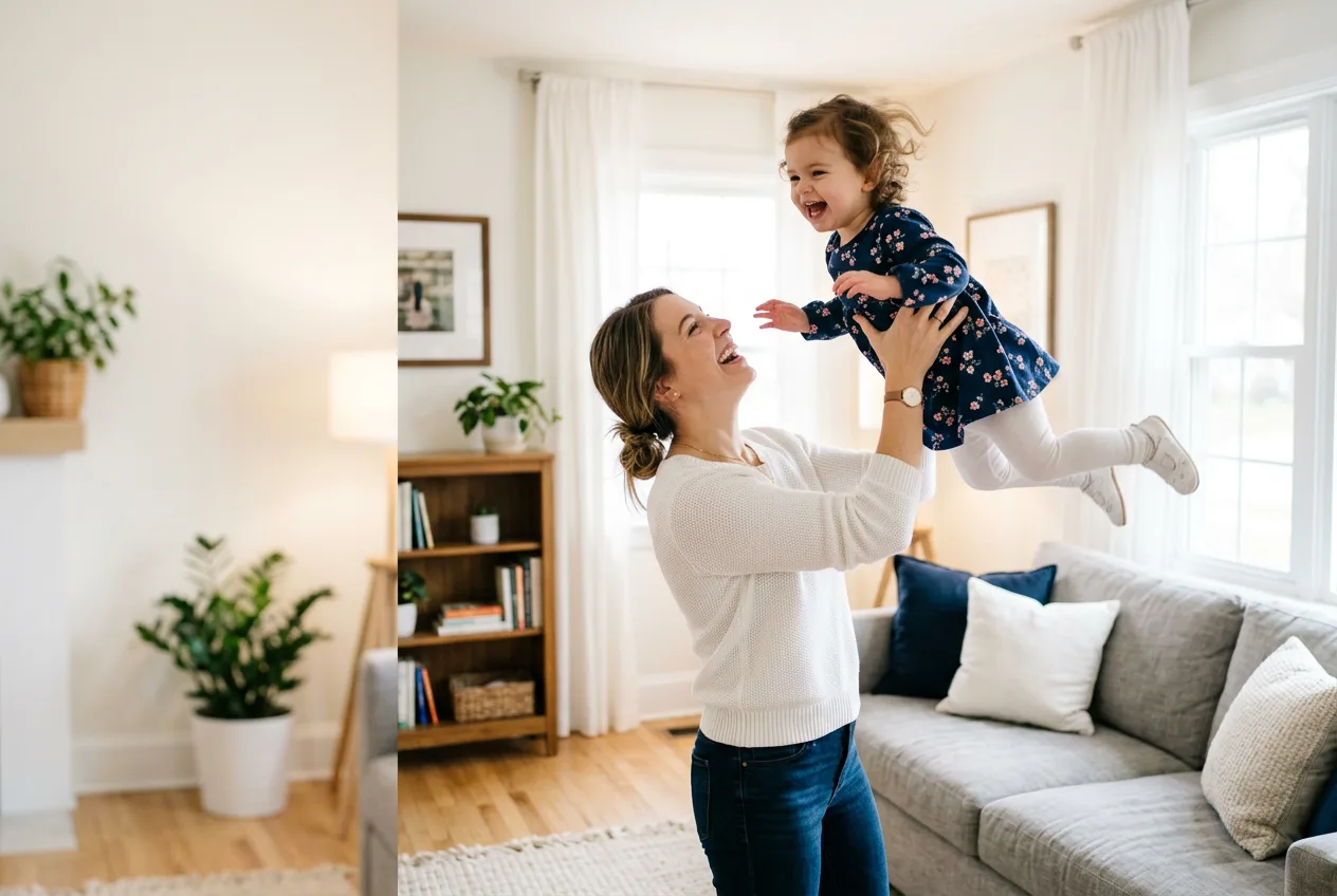 Mother lifting her giggling toddler in a bright living room